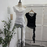 Shooting Lace Splicing Collar Hanging Neck-Sleet T-Shirt Woman Xia Repair Short Irregular Drifting Clothes