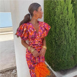 New Print V-Neck Tight-Body Bag Toss-Waist Short-Sleeved Women's