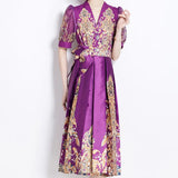 Court Style Dress Women's Early Spring New Bubble Sleeve Retro Print High-End Swing Dress