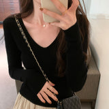 V-Collar Solid Color Long-Sleeved Woolen Blouse A New Style Slim And Slim Sweater In Autumn And