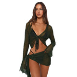 Women's Clothing 2025 Summer New Micro-Permeable With Mesh Long-Sleeved Thoracic Blouse Casual Skirt