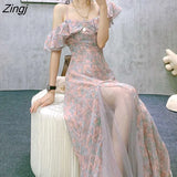 Chiffon Midi Dress Women Floral Print Design Korean Party Split Dress Female Summer Evening Beach Boho Dress 2021
