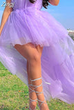 Mesh Sheer Elegant Women Formal Ball Gown Dress 2023 Strapless Off Shoulder High Waist Asymmetrical Hem Tulle