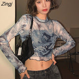 Women T-shirts Tie Dye Summer Korean Style Harajuku Street Sexy Sheer Long Sleeve Crop Top Hot Group Girls Fashion Cozy
