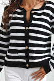 Women's Knitted Cardigan with Buttons Up Slim Short Soft Casual Coat V Neck Balck Striped Print Warm Cardigan Female