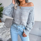 Explosion Autumn And Winter Word Collared Shoulder Hollow Knitted Casual Knitted Sweater Women's