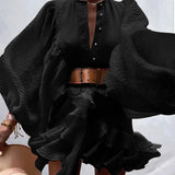 044 Spot 2025 Autumn New Women's Fashion Personality Solid Color French Long Sleeve Chiffon Wrinkle