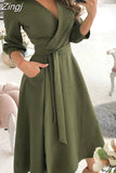 Women Summer Long Dress Short Sleeve V Neck Solid Vintage Elegant Chic Shirt Dress With Belt Office Ladies Party