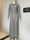 Knitted Long Dress Women Hollow Out Long-sleeved Dresses Female See Through Cover-ups Beach Vacation