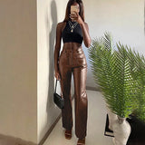Women Faux Leather Pant Pockets Straight Pant Trousers Autumn Elegant High Waist Loose Vintage Casual Pants