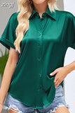 Office Lady Tops Satin Shirt Casual Fashion Women Short Sleeve Loose Blouse Turn Down Collar Button Clothes Elegant