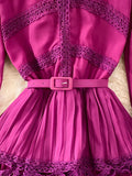 Autumn Women Lace Long Dress Vintage Round Neck Lantern Sleeve High Waist Cascading Ruffle Pleated Party Maxi
