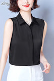 Summer Satin Blouse for Women Polo-Neck Sleeveless Vest Chiffon Shirts OL Womens Tops and Blouses Solid Fashion Ladies
