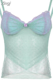 Y2K Frill Lace Trim Strap Mesh Top Camisole Retro Fashion Sexy Summer Crop Tops Female See Through Aesthetic