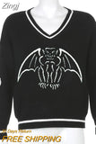 Skulls Blue Knitted Sweaters for Women Fashion Winter Tops Oversized Jumper V Neck Long Sleeve Pullovers Halloween