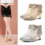 New Korean Version Of Fashion Tip Zipper High-Heeled Women's Sandals Large Size Water Drill Breathable Mesh Yarn Cool