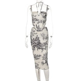 Zingj Vintage Style Slim Print Skirt Two-Piece Fashion Suit