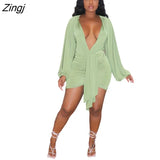 Women Mini Dress Deep V-neck Full Sleeve Bandage Streetwear Party Night Clubwear Solid Color Clothes For Women
