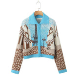 Women's New Color Print Short Long-Sleeved Knitted Cardigan Sweater