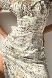 neck Floral Print Split Beach Dress Women Summer Elegant Ruffles Party Long Dress Vestidos