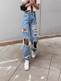 Broken Hole Wide Legs Thin Jeans Woman-Outfit