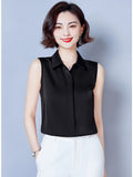 Summer Satin Blouse for Women Polo-Neck Sleeveless Vest Chiffon Shirts OL Womens Tops and Blouses Solid Fashion Ladies