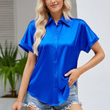 Office Lady Tops Satin Shirt Casual Fashion Women Short Sleeve Loose Blouse Turn Down Collar Button Clothes Elegant