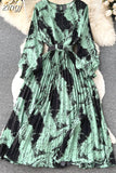 Vintage Women Printed Pleated Long Dress Elegant Round Neck Lantern Sleeve High Waist A-Line Maxi Vestidos Female