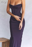 Satin Maxi Dress Sexy Long Prom Evening Party Dresses With Glove Purple V Neck Spaghetti Strap Dresses For Women