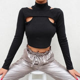 Zingj Careful Machine Hollow Out Off-Shoulder Undershirt Women's Short Crop T-Shirt Slim Fake Two Tops
