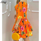Elegant Fruit Print Off Shoulder Short Sleeve Kawaii Fairy High Waist Pleated A-Line Dress Summer Women's Party