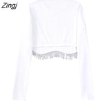 Women Fashion O Neck Black White Color Knitting Short Blouse Female Hem Diamond Tassel Slim Shirt Chic Blusas Tops