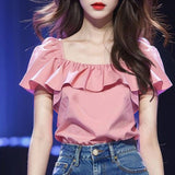 Leaf Side Pink Short-Sleeved Shirt Women 2025 Summer New Temperament Super Fairy Square Shirt French