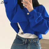 Autumn Short Sweatershirts Leisure Style Solid Color Round Collar Dropped Shoulder Curled Selvedge Hem Long Sleeve