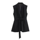 Women's Explosive Solid Color With Belt Medium Long Vest + Casual Pants