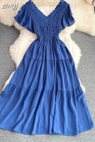Women Vintage Draped Midi Dress Elegant Purple/Yellow/Red V-Neck Short Sleeve High Waist A-Line Big Swing Vestidos