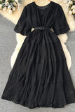 Vintage Women Pleated Chiffon Midi Dress Elegant V-Neck Short Sleeve High Waist A-Line Draped Purple/Red/Yellow Robe