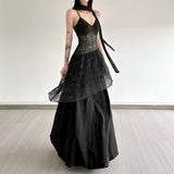 Lace Splicing Perspective To Close Waist-Skinny Sling Dress Long With Round Neck