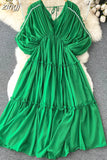 Women Pleated Chiffon Dress Sexy V-Neck Puff Sleeve High Waist Draped Vestidos Female Vacation Beach Midi Robe