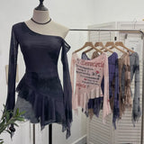 Tie Net Yarn Oblique Shoulder Babes Sexy Body-On-Sleeve Horn Irregular Top