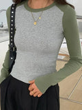 Contrast Color Raglan Slim Long Sleeve Knit-Outfit