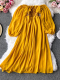 Women Slash Neck Long Sleeve Midi Dress Female Yellow/Red/Pink High Waist Ruffle Big Swing Chiffon Robe Fashion 2023