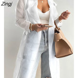 Women Fashion See Through Outdoor Tops Lace Up Spring Solid Sheer Mesh Long Sleeve Buttoned Coat With Belt Elegant
