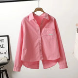 Fruit Green Back Open Fork Short Cotton Shirt Women 2025 New Korean Version Of Single Pocket Shirt