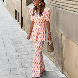 Women's Clothing Tuple Printing Two Sets Of Lantern Sleeve Trousers Simple