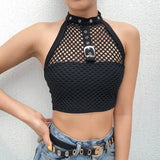 Cropped Black Punk Gothic Halter Top Festival Backless Sexy Transparent Fishnet Tops Summer 2023 Tank Top Vest
