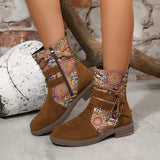 Large-Size Square With Velvet Tuff-Faced Short-Cuffed Boots Women's New Side Zipper Round Head Locomotive Boots