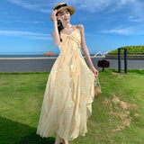 Zingj Summer Vacation Gentle Yellow Tune Dyed Flowers With Neck Flounce Print Skirt Beach