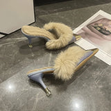 High And Slippers Women Wear Velvet New Pointed Half-Tug Korean Version Of The Tip Tip And High Heel