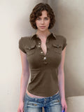 Retro Two-Sided Pocket Polo Collar Short Casual T-Shirt T-Shirt T-Shirt Buckle Work-Loaded
